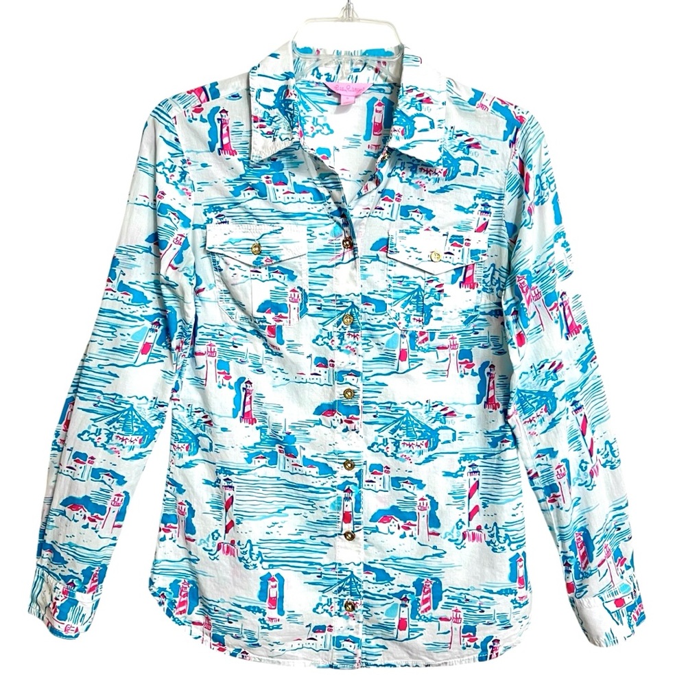 Lilly Pulitzer Watch Out Lighthouse Print Cruiser Coastal Shirt  0 Preppy Ocean